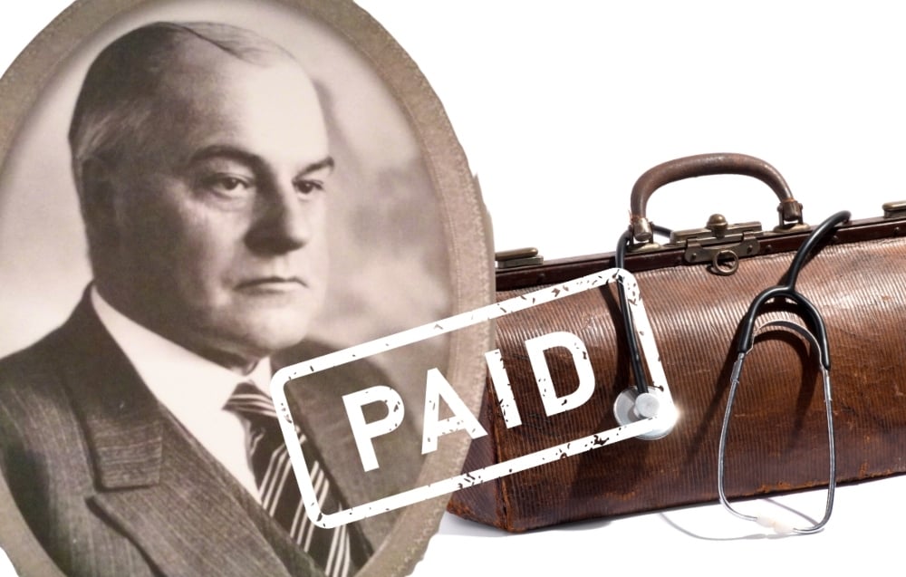 Historic portrait of Dr. Gus of Souris with stock image of doctor's bag and paid stamp